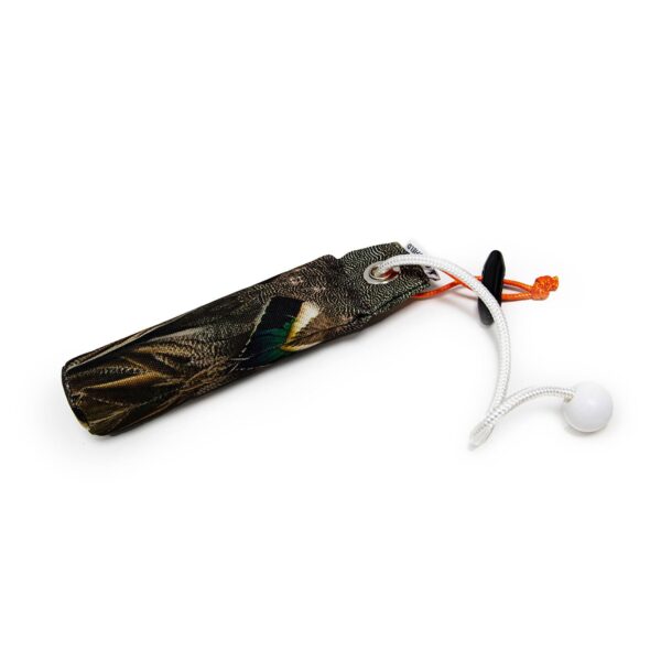 Dog & Field Original Clone 100g teal dummy side view - lifelike teal feather print pattern compact lightweight dummy for spaniel and small breed gundog retrieve training
