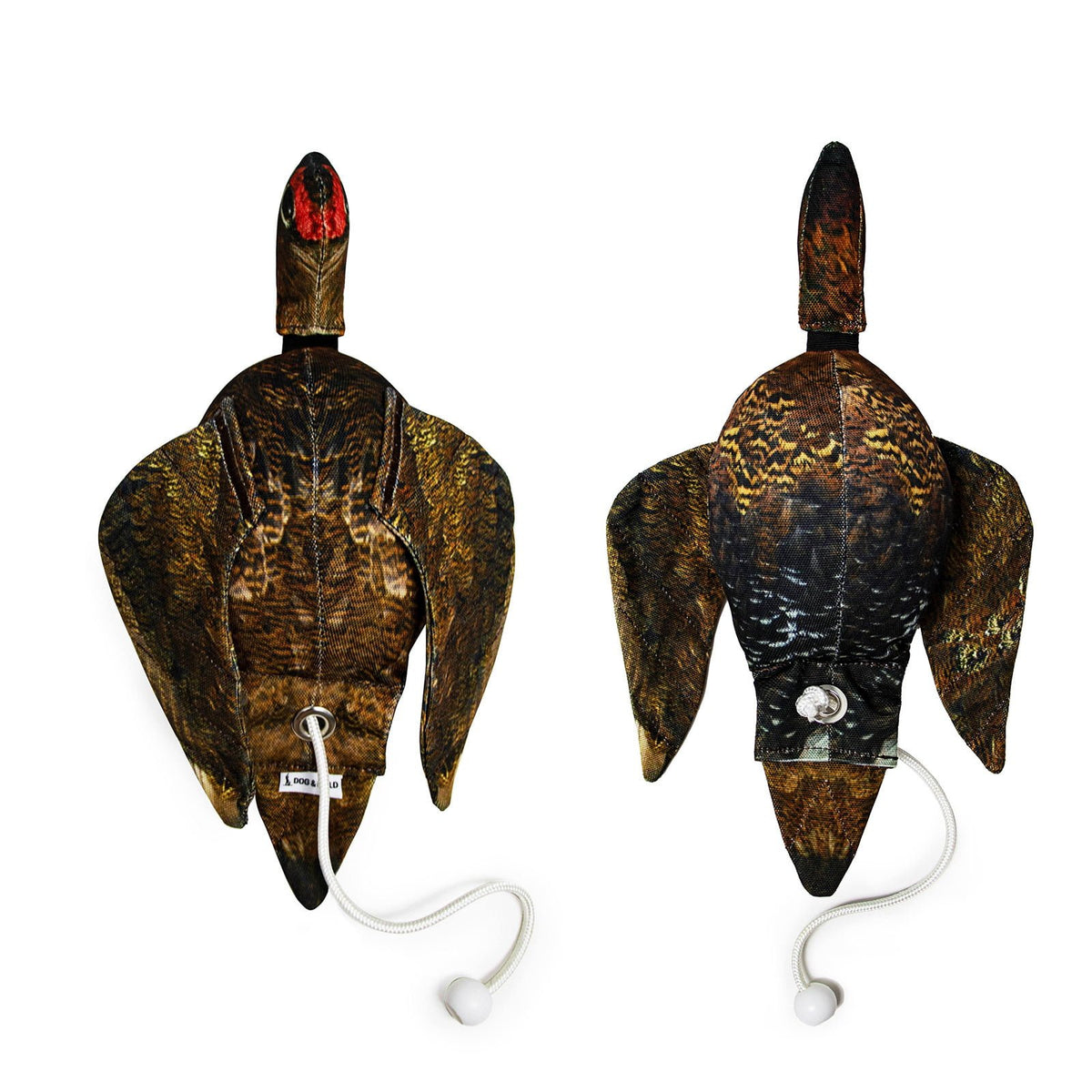 Dog & Field Original Clone grouse dead bird dummy top and bottom comparison - scent retaining real-feel fabric both sides with ultra-HD grouse feather print for realistic gundog retrieve training on shooting days