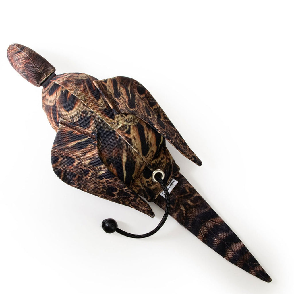 Dog & Field Original Clone hen pheasant dead bird dummy side view - lifelike full body hen pheasant dummy with floppy head and tail feathers for realistic gundog retrieve training on shooting days