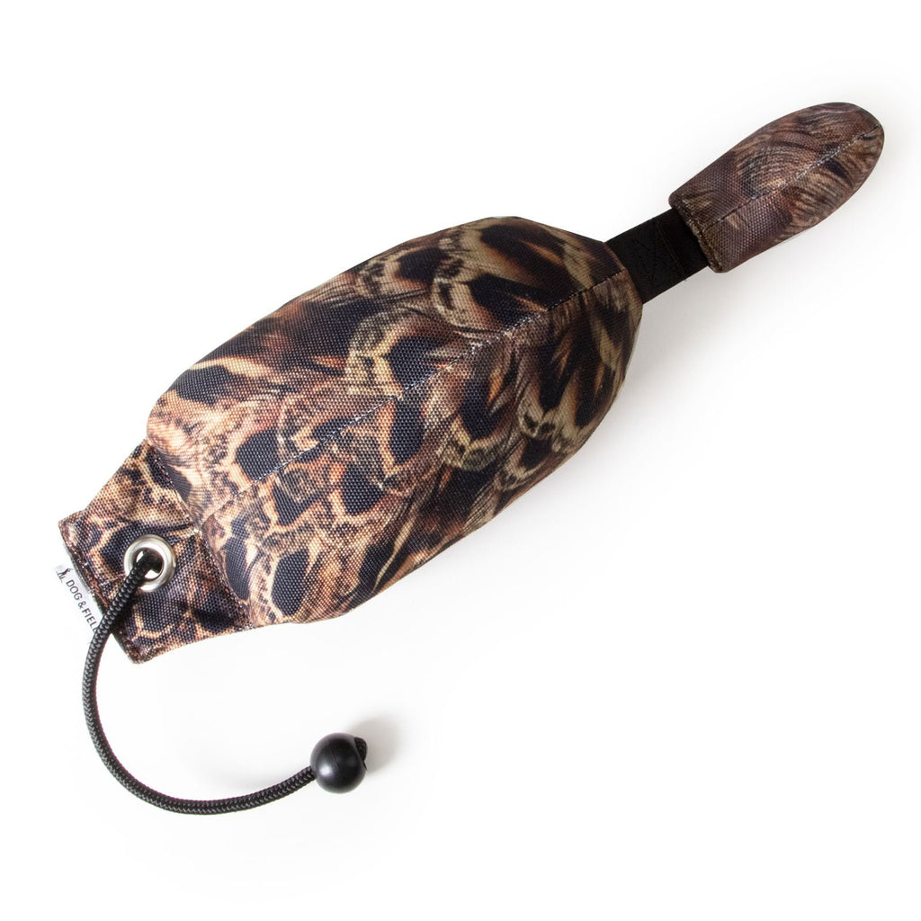 Dog & Field Original Clone hen pheasant bird dummy side view - lifelike HD feather print canvas hen pheasant dummy with realistic size and shape for advanced marking and retrieve training in gundogs
