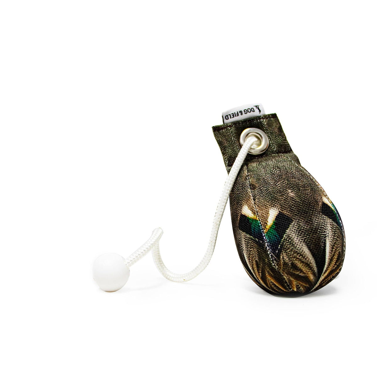 Dog & Field Original Clone teal dummy ball standing - compact HD teal feather print canvas dummy ball with throwing toggle for gundog retrieve training
