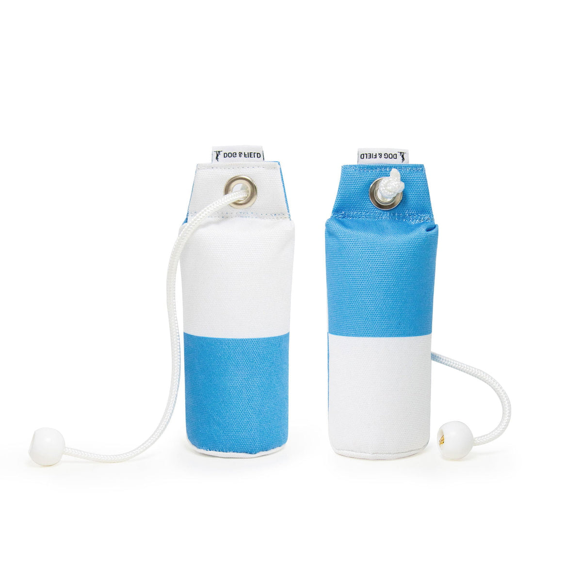 Two Dog & Field Speedy Flinger Dummies side by side - blue white chequered 200g canvas dummies for gundog and puppy retrieve training