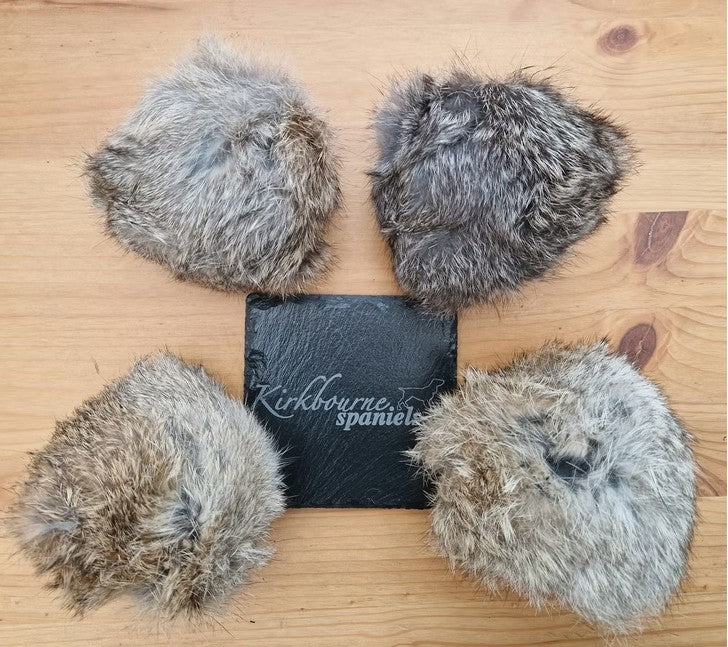 Kirkbourne Rabbit Ball with Kirkbourne Spaniels logo - hand-stitched real rabbit skin training ball made exclusively for Kirkbourne for fur introduction ball-to-fur transition and scent trail hunting work in gundogs