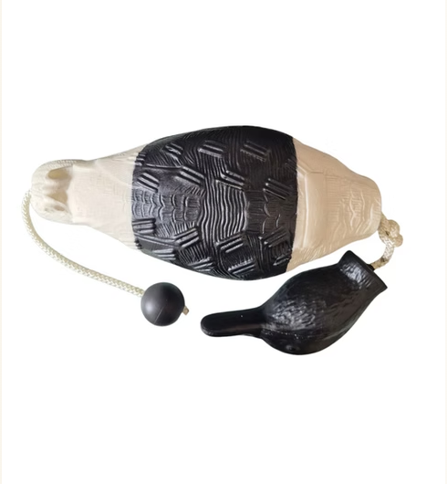 Kirkbourne Spaniels KB marker duck dummy in black and white - lightweight lifelike duck dummy with swinging head and throwing toggle for gundog retrieve training on land and water