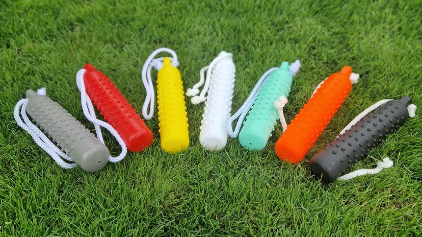 Kirkbourne Spaniels water dummies in Grey, Black and red - unsinkable knobbled plastic dummy with nylon throwing cord for gundog water retrieve training