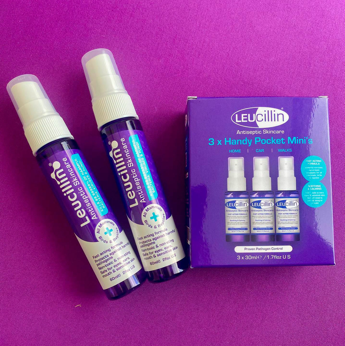 Leucillin antiseptic skincare 30ml mini bottles pack of 3 - Hypochlorous acid HOCl formula pocket size refill for Leucillin first aid kit kills 99.99999% of germs non-toxic alcohol-free safe for dogs and handlers in the field