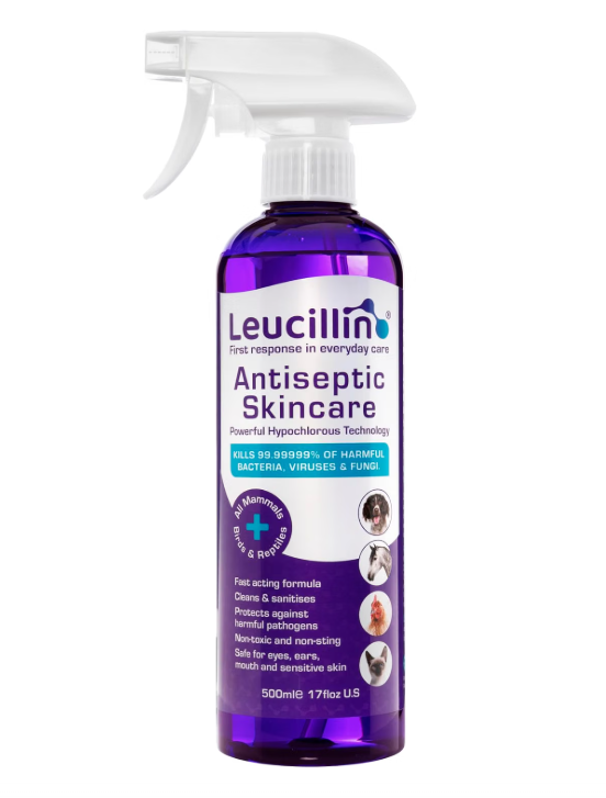 Leucillin antiseptic skincare 500ml spray bottle - utility size Hypochlorous acid HOCl formula for kennels regular training and high-use environments antibacterial antiviral antifungal safe for all mammals