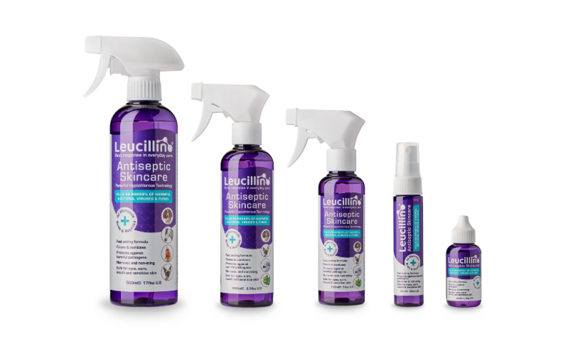 Leucillin antiseptic skincare full range - 50ml dropper 60ml travel spray 150ml 250ml and 500ml spray bottles Hypochlorous acid HOCl formula for dogs handlers and all mammals available at Kirkbourne Spaniels