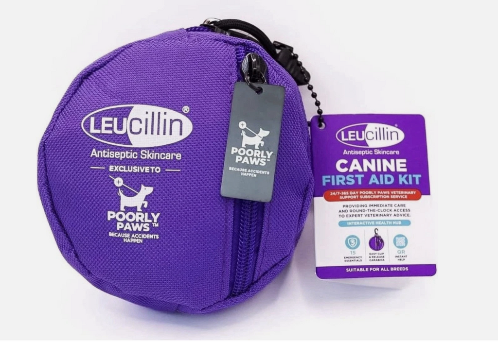 Leucillin Poorly Paws first aid kit complete - award-winning compact waterproof pet first aid kit designed by Rachel Bean RVN includes 30ml Leucillin antiseptic QR code video tutorials and 24-hour vet line access for dogs and handlers in the field