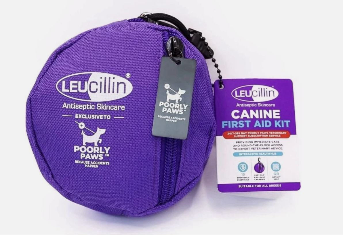 Leucillin Poorly Paws first aid kit complete - award-winning compact waterproof pet first aid kit designed by Rachel Bean RVN includes 30ml Leucillin antiseptic QR code video tutorials and 24-hour vet line access for dogs and handlers in the field