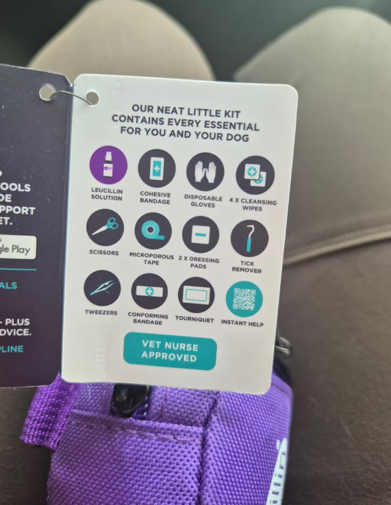 Leucillin Poorly Paws first aid kit contents label - sterile wipes disposable gloves tick removers tweezers tourniquet scissors dressing pads conforming bandage cohesive bandage microporous tape and 30ml Leucillin antiseptic designed by Rachel Bean RVN