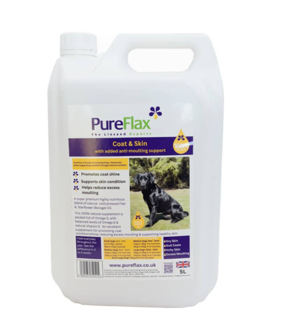 Pureflax Coat and Skin oil 5 litre with free dispenser - kennel size cold-pressed Yorkshire flax oil and human-grade starflower borage oil Omega 3 Omega 6 GLA and natural Vitamin E reduces excess moulting promotes coat shine and supports healthy skin barrier in working dogs