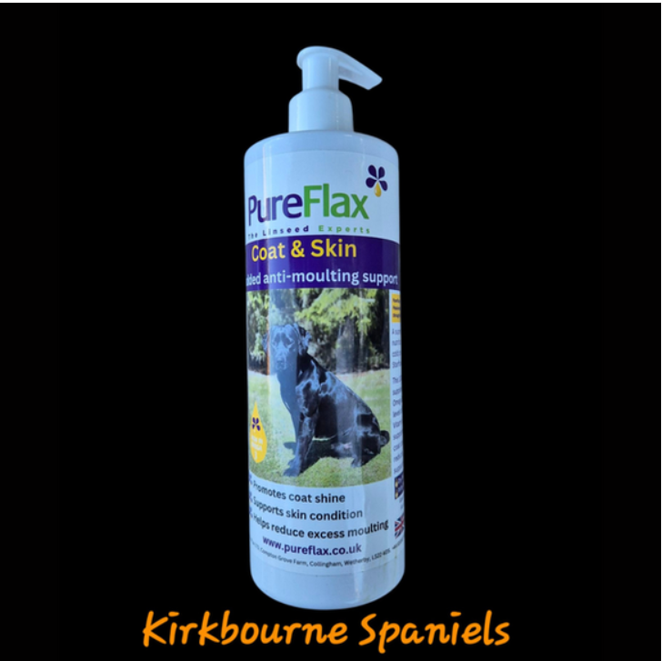 Pureflax Coat and Skin oil 500ml - cold-pressed Yorkshire flax oil blended with human-grade starflower borage oil packed with Omega 3 balanced Omega 6 and natural Vitamin E reduces excess moulting supports coat shine and healthy skin suitable from 20 weeks as used at Kirkbourne Spaniels