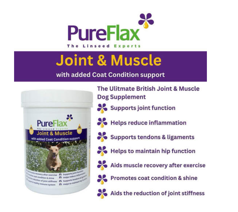 Pureflax Joint and Muscle key benefits for working dogs - supports joint mobility muscle recovery after exercise reduces stiffness coat condition from 6 months to old age 100% natural highly palatable naturally low in sugar as used daily at Kirkbourne Spaniels
