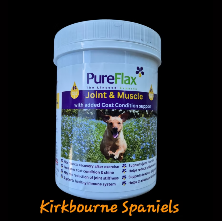 Pureflax Joint and Muscle supplement 620g tub with free 180ml OmegaPrime bottle - 100% natural flax expeller turmeric black pepper rosehip and seaweed blend for working dog joint mobility and muscle recovery developed by a senior independent nutritionist and produced in Yorkshire