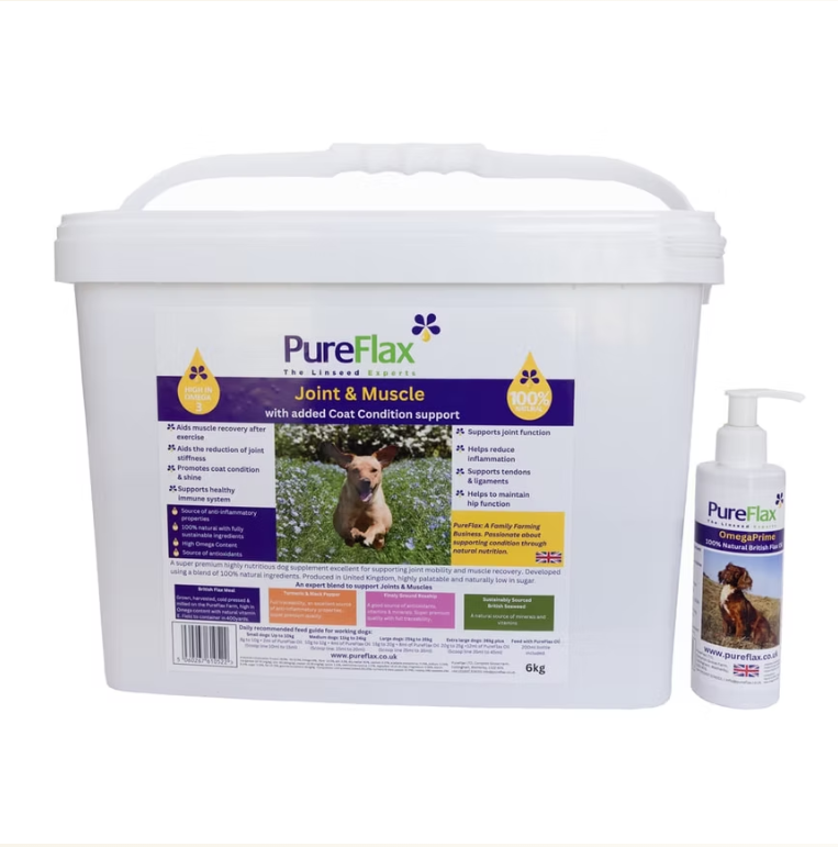 Pureflax Joint and Muscle supplement 6kg kennel tub - 100% natural British flax expeller turmeric black pepper rosehip and seaweed for working dog joint function muscle recovery and coat condition grown and produced in Yorkshire with full traceability