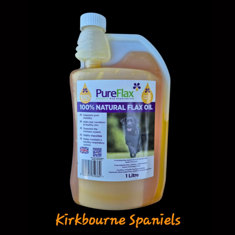 Pureflax working dog flax oil 1 litre - 58% Omega 3 cold-pressed linseed oil grown and bottled on a single Yorkshire farm 100% natural nothing added supports joint mobility coat and immune function in active gundogs