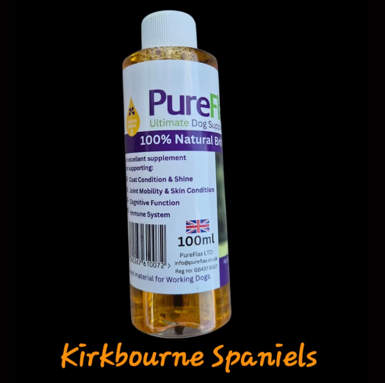 Pureflax working dog flax oil 100ml sample bottle - try 58% Omega 3 cold-pressed Yorkshire linseed oil before committing to a larger size 100% natural nothing added suitable from 8 weeks old