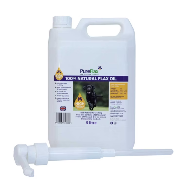 Pureflax working dog flax oil 5 litre kennel size - 58% Omega 3 cold-pressed linseed oil for kennels and working households grown and bottled on a single Yorkshire farm field to bottle in 400 yards 100% natural