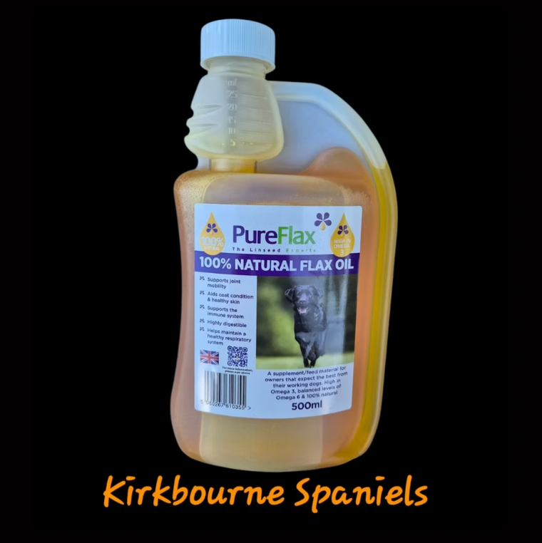 Pureflax working dog flax oil 500ml - 58% Omega 3 cold-pressed linseed oil grown and bottled on a single Yorkshire farm supports joints coat condition and immune function in working gundogs as used at Kirkbourne Spaniels