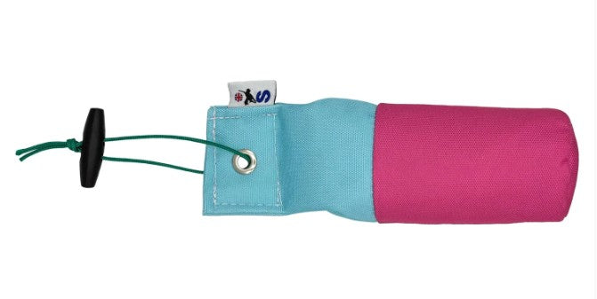 Sporting Saint half pound pink and baby blue canvas dummy - durable premium canvas UK-made gundog training dummy for everyday retrieve work and structured marking drills