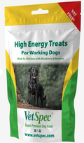 VetSpec High Energy Treats 100g pouch - chicken meal oats wheat banana blueberry linseed honey and coconut oil 358kcal per 100g highly digestible high energy training treat for working dogs suitable from 12 weeks