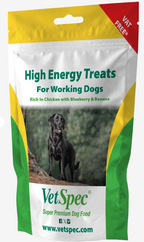 VetSpec High Energy Treats 100g pouch - chicken meal oats wheat banana blueberry linseed honey and coconut oil 358kcal per 100g highly digestible high energy training treat for working dogs suitable from 12 weeks