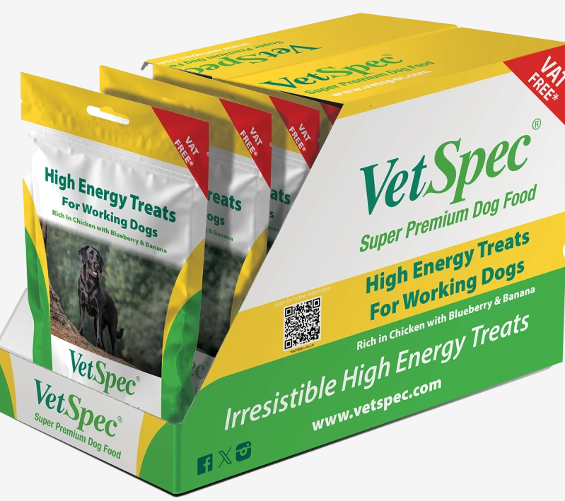 VetSpec High Energy Treats full box of 8 x 100g pouches - chicken-based high energy working dog treats with banana blueberry linseed honey and coconut oil 358kcal per 100g for gundogs and working dogs as stocked at Kirkbourne Spaniels