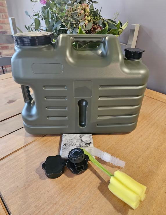 18 litre food grade BPA free water canister for working dogs - complete with travel cap pouring nozzle cleaning brush and carry handle accessories store inside lid suitable for shoot days game fairs and multi-dog setups as stocked at Kirkbourne Spaniels